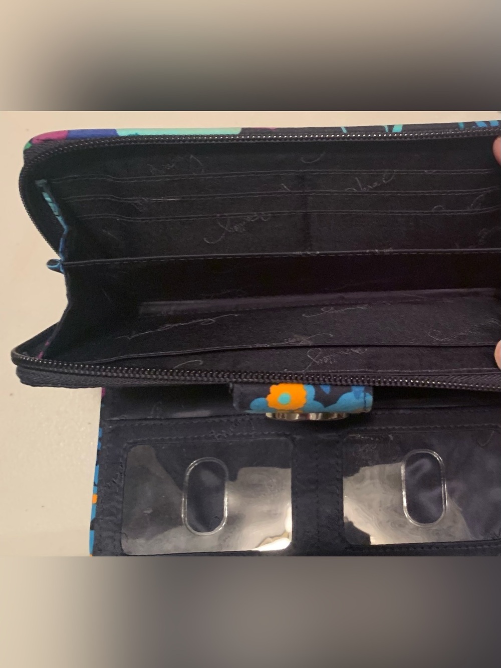 Vera Bradley Black Floral Quilted Zip Wallet with Teal & Blue Accents - Picture 5 of 6